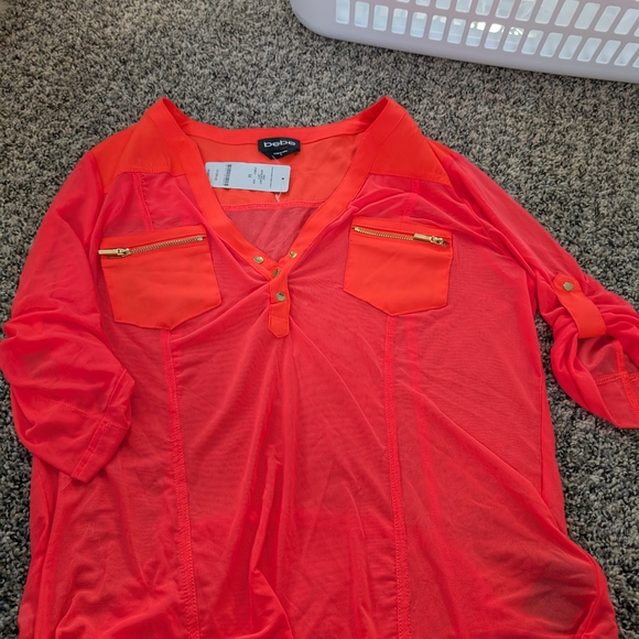 Bebe Vibrant Orange Blouse with Gold Accents - Picture 1 of 3